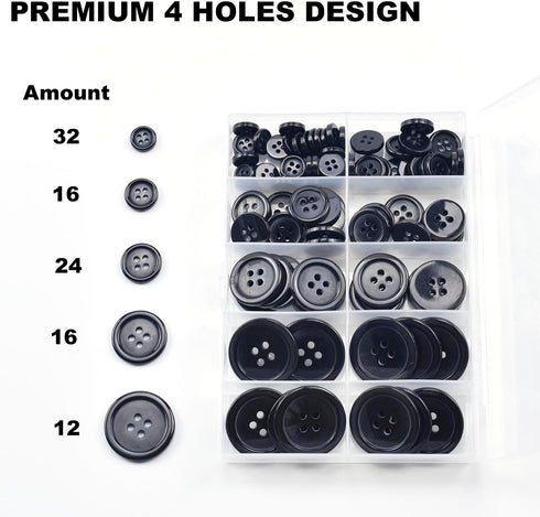 100 Pcs Premium Mixed Resin Sewing Buttons, 5 Sizes of Black Buttons Suitable for Sewing, Eco-Friendly 4-Hole Craft Buttons, DIY and Holiday Decor...