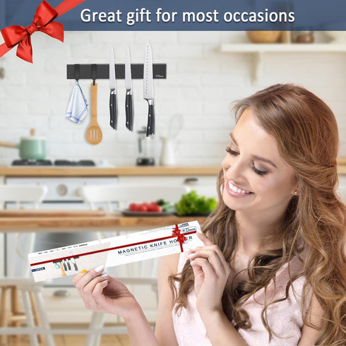 magnetic knife holder for wall—with 2 hooks, No Drilling 10 Inch black knife magnetic strip, Powerful knife magnet rack, include Adhesive Tape and...