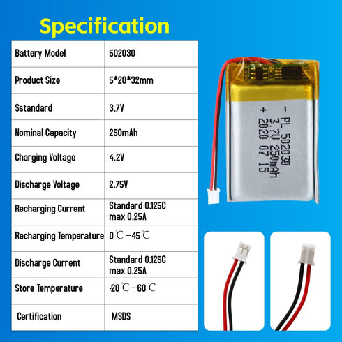 502030 3.7V Lipo Battery 250mAh 502030 Rechargeable Lithium Polymer Battery Pack with JST PH2.0mm Connector for Electronic Device...