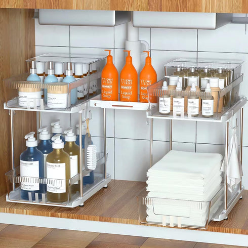 2 Tier Under Sink Organizers and Storage Bathroom Organizer w Dividers and Lids, Snack Organizer for Pantry Pull Out Cabinet Organization for Kitc...