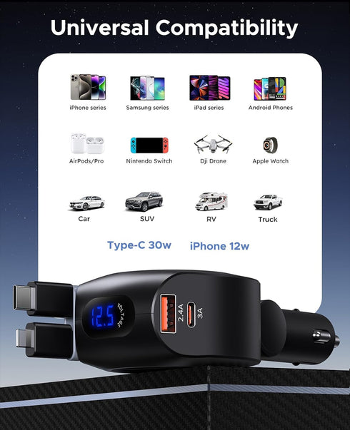 Retractable Car Charger, KOOPAO 69W 4 in 1 Fast Phone Car Charging Adapter, Multi USB C PD Retractable Cables Cord Cigarette Lighter Compatible wi...