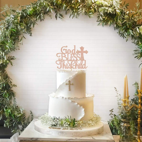 God Bless this Children Cake Topper, Rose Gold Glitter Baptism Cake Toppers for Girl Boy Christening, First Communion Baby Shower - Handmade (6.7'...