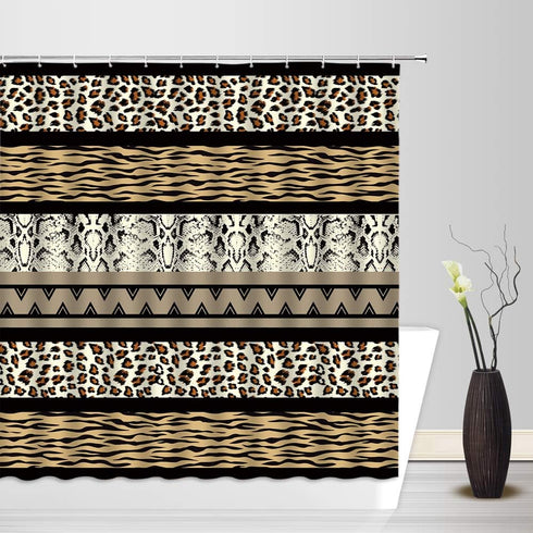 Brown Leopard Print Shower Curtain Cheetah African Animal Leopard Skin Print Geometric Stripes Patchwork Creative Art Bathroom Decor Fabric Curtai...