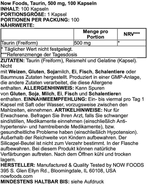 NOW FOODS Taurine 500mg Capsules, 100 CT...