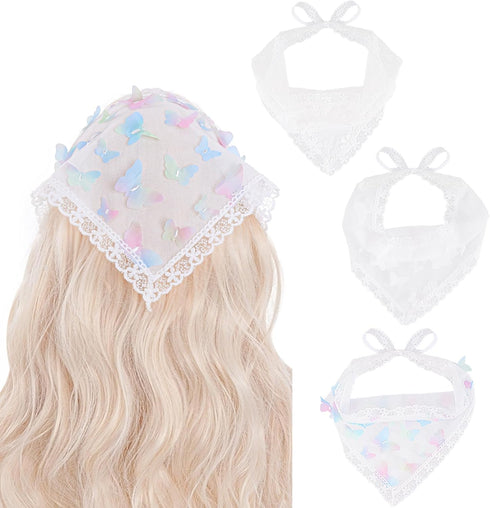 Kerchief Headbands Bandana, 3pcs Hair Bandanas for Women Boho, Butterfly Lace Headscarf Flower Knitted Floral Hair Bandanas for Women, Headwrap fo...
