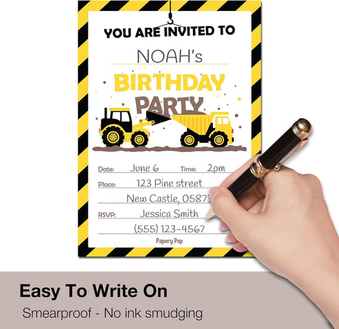 Papery Pop Construction Trucks Birthday Invitations with Envelopes (15 Count) - Kids Birthday Party Invitations for Boys - Tractor...