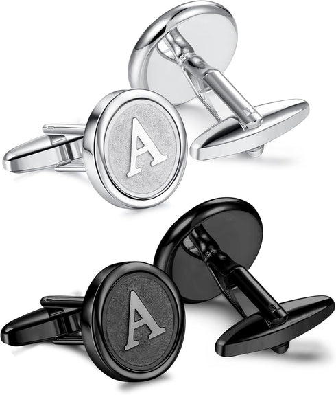 ORAZIO Cufflinks For Men Engraved Initials Cufflinks Silver Black Set Stainless Steel Cuff Links Letter Alphabet A-Z Gift With Box For Wedding,Dad...