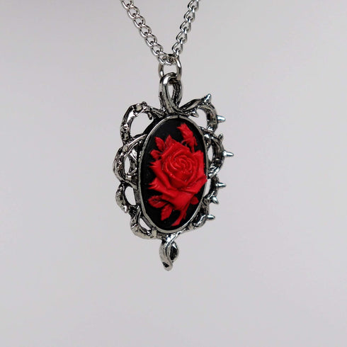 Gothic Red Rose Cameo In Thorns Pendant Necklace...