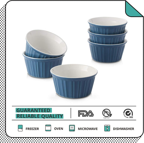 LIFVER 6 oz Porcelain Ramekins Bowls for Souffle, Creme Brulee, Classic Style Ramekins for Baking Oven Safe, Set of 6, Airy Blue...