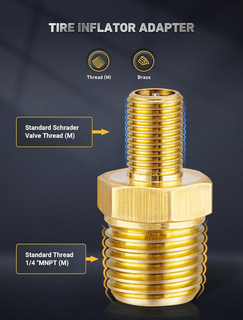 Brass Air Inflator Adapter w/Valve Stem Inside, 1/4" NPT (M) to Standard Schrader Valve (M), Tire Inflator Connector for Auto Portable Air Compres...