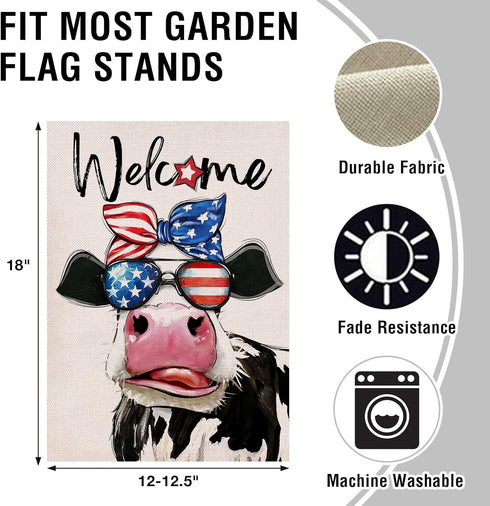Welcome 4th of July Patriotic Cow Small Decorative Garden Flag, Stars Stripes America USA Memorial Day Farmhouse Yard Outside Decor, American Summ...