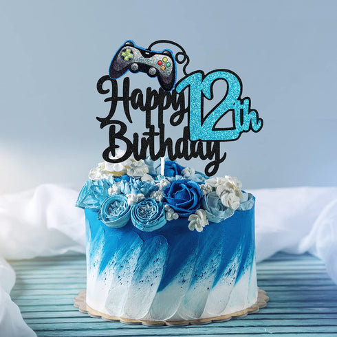 Video Game Happy 12th Birthday Cake Topper - Video Game Boy's 12th Birthday Party Blue Cake Supplies - Game On Level Up Winner Party Decoration...