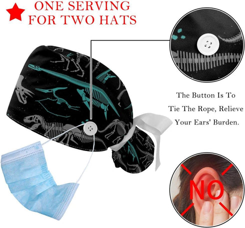 2 Pack Scrub Caps for Women, Ponytail Holder Nurse Hats for Long Hair, Dinosaurs skeleton...