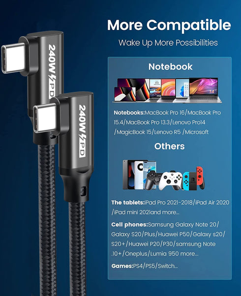240W USB C to USB C Cable 10FT,PD 3.1 Type C to C 5A Fast Charging Cable Right Angle for MacBook Pro/Air, iPad Pro12.9/11/Air,iPhone15/15Pro/15Plu...