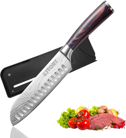 Kitory Santoku Knife 7'' Chef's Knife High Carbon Stainless Steel Asian Kitchen Knife with Sheath Ultra Sharp Cooking Knife, Ergonomic Pakkawood H...
