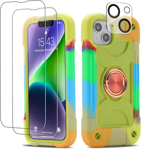 for iPhone 14 Plus Case 6.7 Inch with Ring Stand, with 2 Pack Glass Screen Protector + 1 Pack Camera Lens Protector,Heavy-Duty Shockproof Military...