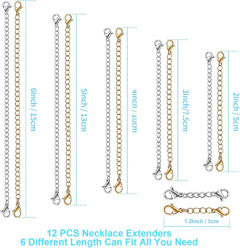 Necklace Extender, 12 PCS Chain Extenders for Necklaces, Premium Stainless Steel Jewelry Bracelet Anklet Necklace Extenders (6 Gold, 6 Silver), Le...