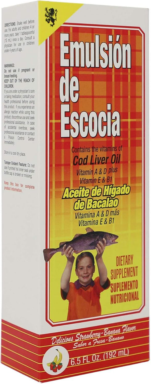 EMULSION DE ESCOCIA Cod Liver Oil Liquid, Strawberry-Banana Flavor, Fish Oil Liquid with Vitamins A, D, E & B1 for Kids & Adults, Immune & Bone He...