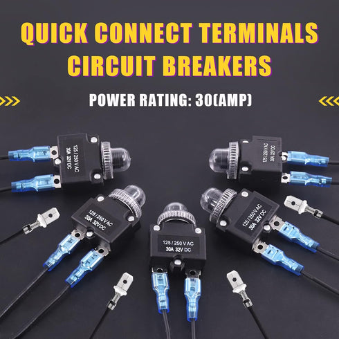 Swpeet 20Pcs 30Amp Thermal Circuit Breaker with 19cm 6.3mm Female Spade Terminals Wire Leads and Waterproof Button Caps Kit, Waterproof Push Butto...