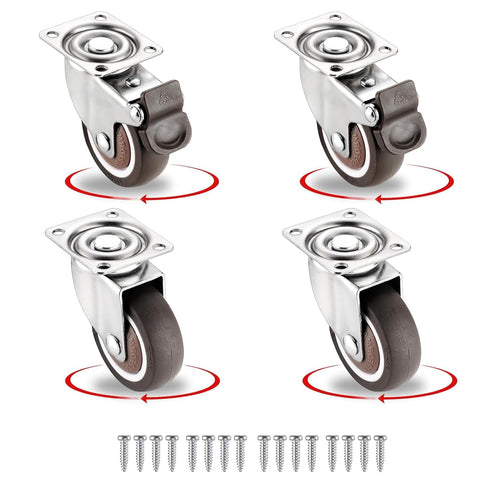 Small Caster Wheels 2 Inch Low Profile Swivel Casters with 2 Brakes, Steel Top Plate, No Noise Ball Bearing Rubber Rolling Mini Wheels for Furnitu...