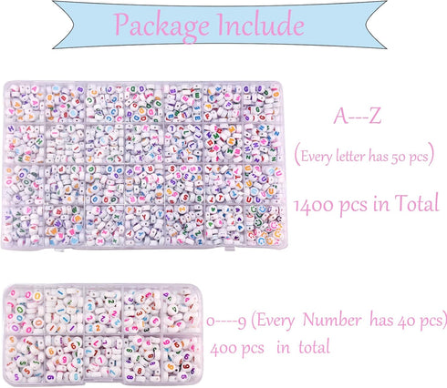 1400Pcs Letter Beads with 400Pcs Number Beads, Round Letter Beads 4x7mm Acrylic Alphabet Beads and Number Beads, Friendship Bracelets Jewelry Maki...