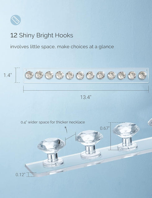 Mymazn 2 Pack Acrylic Necklaces Holder Hanging Jewelry Organizer Wall Mounted Necklace Hangers with 12 Hooks, Clear Jewelry Hangers for Necklace O...