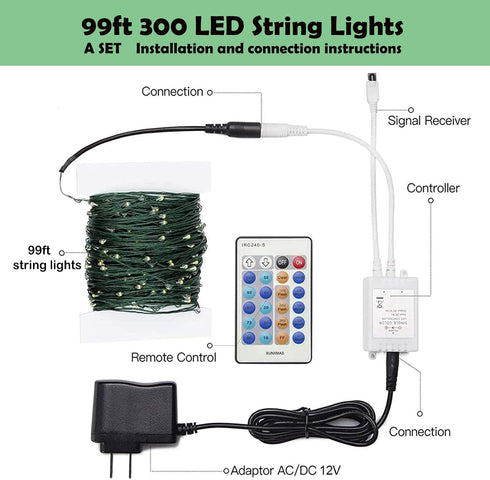 Outdoor Indoor String Lights Christmas 300LED Warm White Fairy Lights 99ft Green Wire Dimmable with Remote Control, Waterproof Fairy Light for DIY...