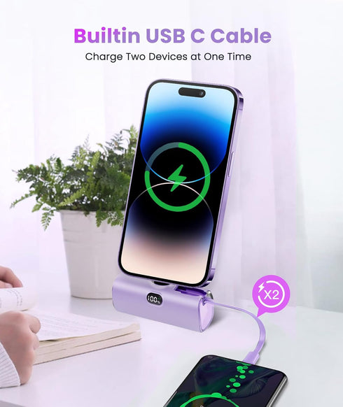 Mini Portable Charger for iPhone 15/14 Pro Max Builtin USB C Cable Power Bank Battery Pack Digital Display for iPhone/Samsung Galaxy Z Flip5/4/And...