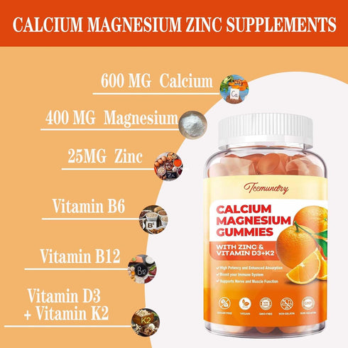 Calcium Magnesium Zinc Gummies with Vitamin D3 & K2 - High Absorption Magnesium Glycinate 400mg - Sugar Free Calcium Supplement - Support Nerve Mu...