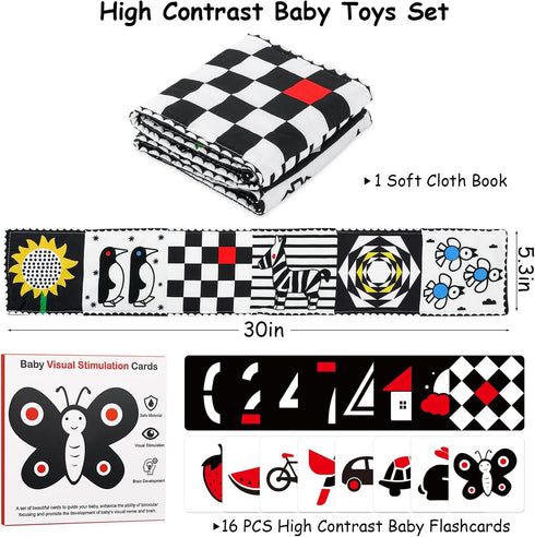 Black and White High Contrast Baby Book for Newborn with Baby Flashcards, Infant Tummy Time Soft Cloth Book Crib Toys, Washable Non-Toxic Early Ed...
