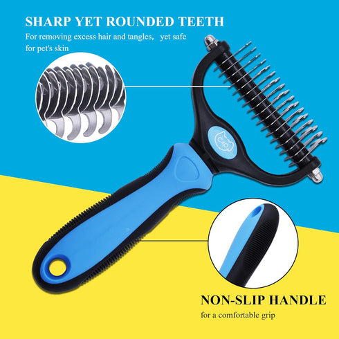Double Sided Undercoat Rake Brush for Long Haired Dogs & Cats, Shedding and Dematting Tool for Grooming Extra Wide Blue Large...