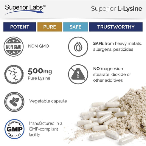 Superior Labs – Best L-Lysine NonGMO - Dietary Supplement –500 mg Pure Active L-Lysine – 120 Vegetable Capsules – Supports Calcium Absorption – Im...