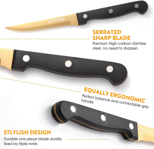 KITWARE Gold Steak Knives Set of 6 pcs with Gift Box, 4.5 inch Stainless Steel Steak sets, Serrated Edge Metal Knife Sets for Dinner Table, Knife ...