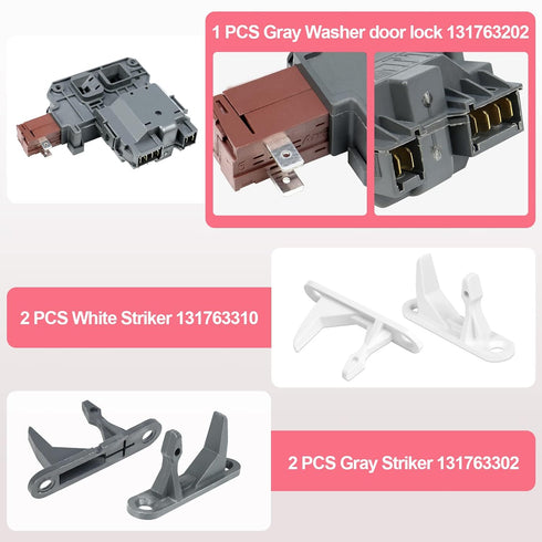 Upgraded New 131763256 Washer Door Latch Lock Lid Switch with 131763202 131763310 Door Striker Part Compatible with Frigidaire, Kenmore, Electrolux, GE Front Load Washer 1317632 131763255 131269400