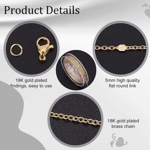 Beebeecraft 32.8 Feet 18K Gold Plated Chains for Jewelry Making Flat Round Link Cable Chain with 20 Lobster Claw Clasps and 50 Jump Rings...