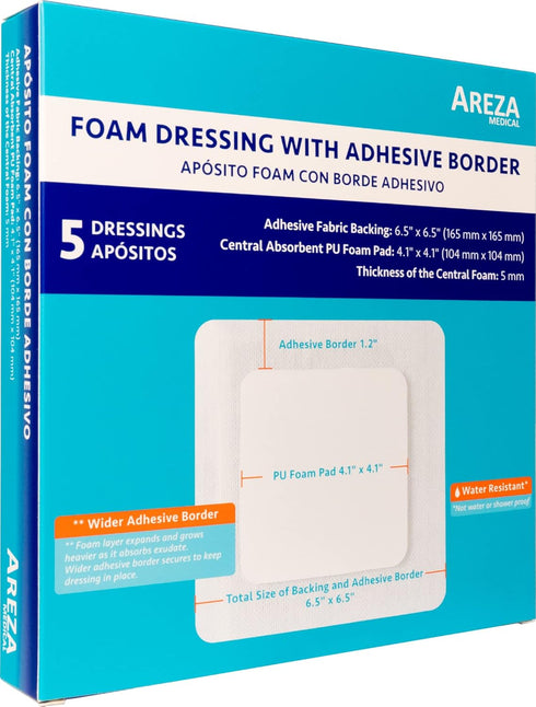 Areza Medical - Foam Wound Dressing Polyurethane - Sterile - 6.5" x 6.5" (16.5 cm x 16.5 cm) - Adhesive Border - 5 PCS - FSA/HSA Approved...