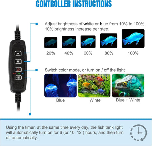 iKefe 11" White & Blue Submersible LED Aquarium Fish Tank Light with Timer/Dimmable Underwater Fish Tank Aquarium LED Lights Fixture for Saltwater...