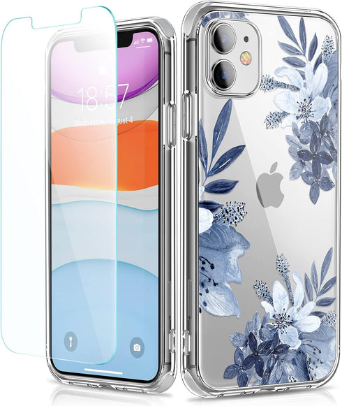 Flower Designed for iPhone 11 Case with Screen Protector, Floral Slim Fit Clear Women Phone Case Shockproof Protective Hard PC+TPU Bumper Cover 6....