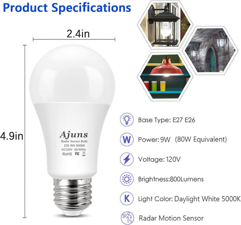 Radar Motion Sensor LED Light Bulbs, Dusk to Dawn Radar Motion Activated Bulb 9W 5000K Daylight White A19 LED Bulb, E26 Base, for Hallway, Garage,...