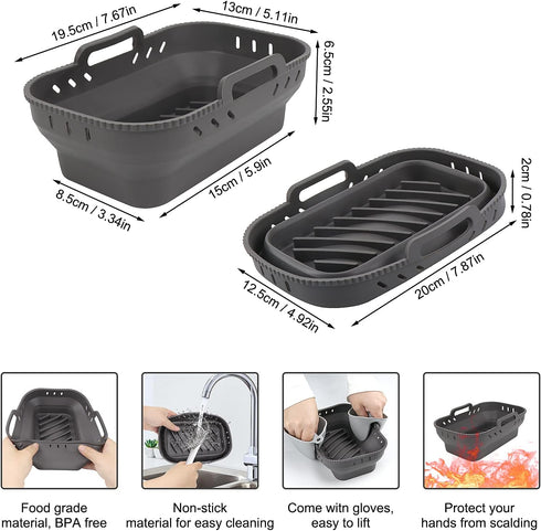 Air Fryer Silicone Liners for Ninjas Dual, 2 Pack Foldable Silicone Air Fryer Liners Basket Double with Oven Mitts and Brush, Rectangle Air Fryer ...