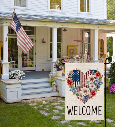 4th of July Patriotic Garden Flag 12x18 Double Sided, American Floral Heart Welcome Burlap Small Yard Flag for Independence Day Outside Decoration...