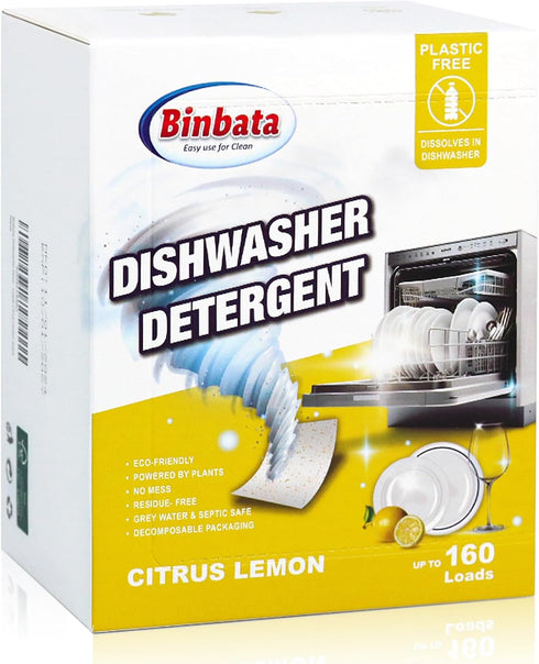 Eco Dishwasher Detergent Sheets Up To 160 Loads, Citrus Lemon Scent Plastic Free Dishwashing Soap Strips With High Efficient Solid Enzyme, Leaving...