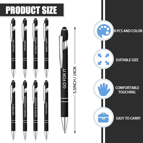 8 Pcs Blue Ink Inspirational Pens for Women Quotes Pen Metal Ballpoint Pen with Stylus tips for Office Gift (Black)...