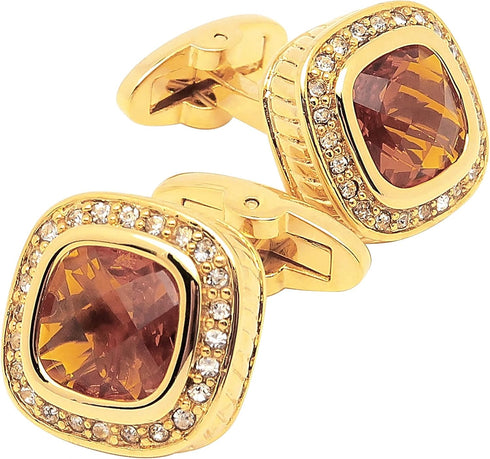 14K Gold Plated Brown Gem Stone Cufflinks for Men Wedding Dress Men Crystal Cufflink for Shirt Party Birthday Anniversary Dress...