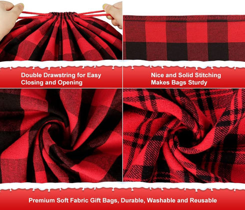 HRX Package 2pcs Cotton Santa Bag, 28x20 inch Plaid Fabric Drawstring Christmas Bags, Reusable Cloth Wrapping Bag with Gift Tag for Xmas Presents...