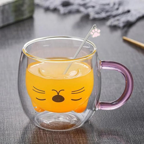 Purple Cat Mug Cute Mugs Glass Double Wall Insulated Glass Espresso Cup, Kawaii Cup, Coffee Cup, Tea Cup, Milk Cup, Best gift for Office and Perso...