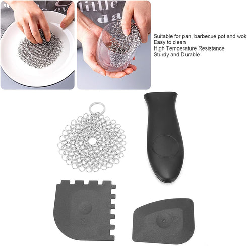 Stainless Steel Cast Iron Cleaner Kit, Chainmail Scrubber for Cast Iron Pans, Toothed Scraper with Handle Cover, Durable Scrubber for Cleaning Dut...