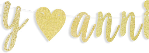LINGTEER Happy Anniversary Gold Glitter Heart Bunting Banner Perfect for Wedding Anniversary Party Decorations....