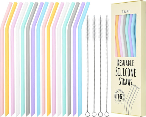 Reusable Silicone Drinking Straws, 16 Pcs Long Flexible Straws with 4 Cleaning Brushes for 20 and 30 oz Yeti/Rtic/Ozark Tumblers, BPA free, no Rub...