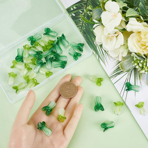 SUNNYCLUE 1 Box 40Pcs Lampwork Glass Beads Fengshui Beads Chinese Cabbage Green Vegetable Handmade Lampwork Beads Bulk Fortune Wealth New Year Goo...